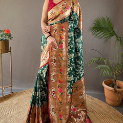 Ornate Dark Green Paithani Silk Saree With Enamoring Blouse Piece