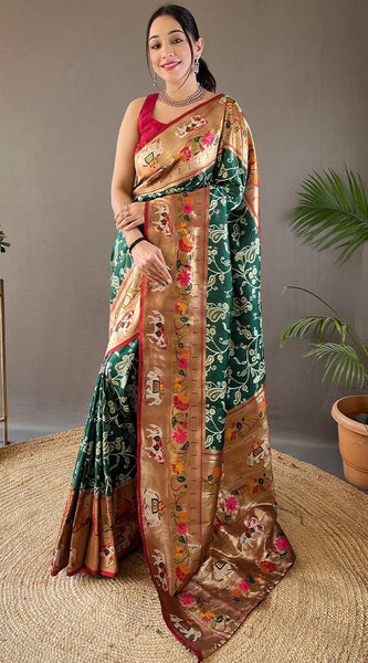 Ornate Dark Green Paithani Silk Saree With Enamoring Blouse Piece