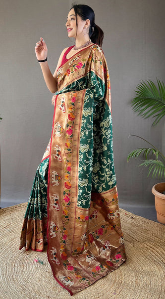 Ornate Dark Green Paithani Silk Saree With Enamoring Blouse Piece
