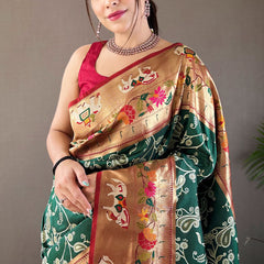 Ornate Dark Green Paithani Silk Saree With Enamoring Blouse Piece