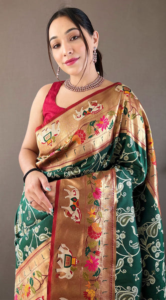 Ornate Dark Green Paithani Silk Saree With Enamoring Blouse Piece