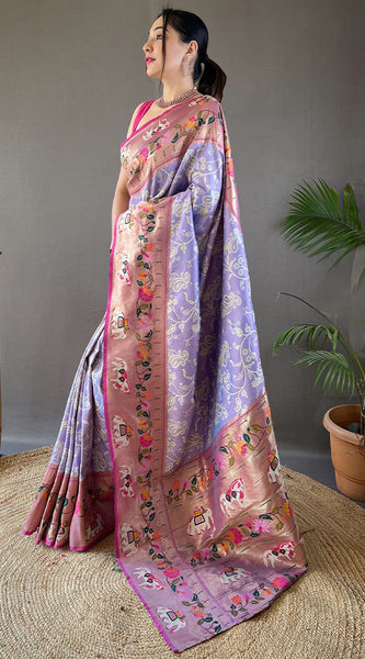Engaging Lavender Paithani Silk Saree With Serendipity Blouse Piece
