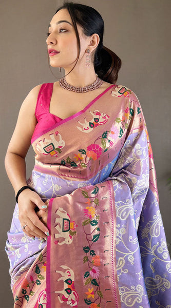 Engaging Lavender Paithani Silk Saree With Serendipity Blouse Piece