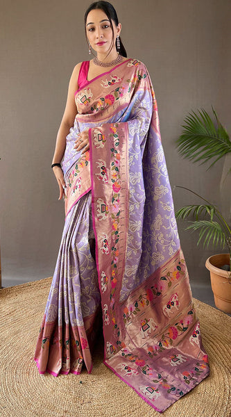 Engaging Lavender Paithani Silk Saree With Serendipity Blouse Piece