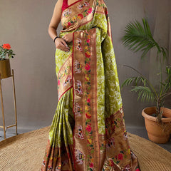 Lassitude Mehndi Paithani Silk Saree With Demure Blouse Piece