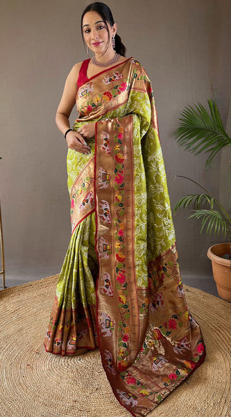Lassitude Mehndi Paithani Silk Saree With Demure Blouse Piece