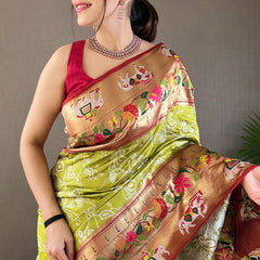 Lassitude Mehndi Paithani Silk Saree With Demure Blouse Piece