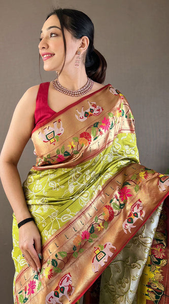Lassitude Mehndi Paithani Silk Saree With Demure Blouse Piece