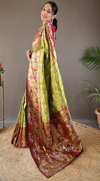 Lassitude Mehndi Paithani Silk Saree With Demure Blouse Piece