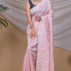 Stunning Baby Pink Embroidery Work Soft Silk Saree With Extraordinary Blouse Piece