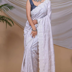 Attractive Grey Embroidery Work Soft Silk Saree With Sizzling Blouse Piece