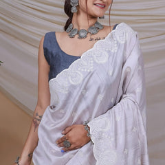 Attractive Grey Embroidery Work Soft Silk Saree With Sizzling Blouse Piece