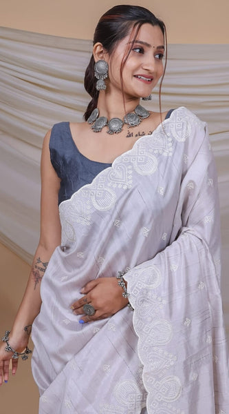 Attractive Grey Embroidery Work Soft Silk Saree With Sizzling Blouse Piece
