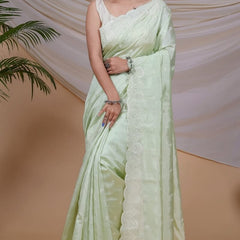 Desiring Pista Embroidery Work Soft Silk Saree With Ravishing Blouse Piece