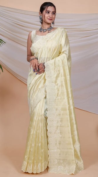 Angelic Yellow Embroidery Work Soft Silk Saree With Desuetude Blouse Piece