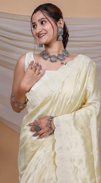 Angelic Yellow Embroidery Work Soft Silk Saree With Desuetude Blouse Piece