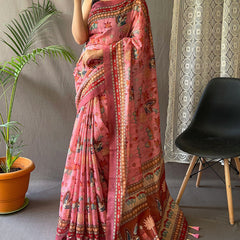 Pleasant Pink Kalamkari Printed Saree With Adoring Blouse Piece