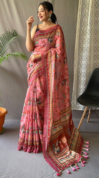 Pleasant Pink Kalamkari Printed Saree With Adoring Blouse Piece