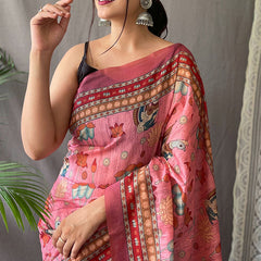 Pleasant Pink Kalamkari Printed Saree With Adoring Blouse Piece