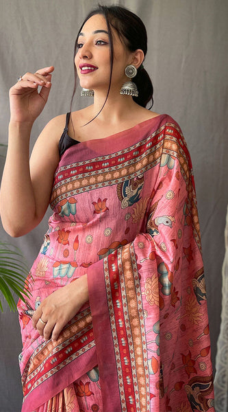 Pleasant Pink Kalamkari Printed Saree With Adoring Blouse Piece