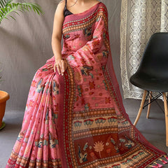 Pleasant Pink Kalamkari Printed Saree With Adoring Blouse Piece