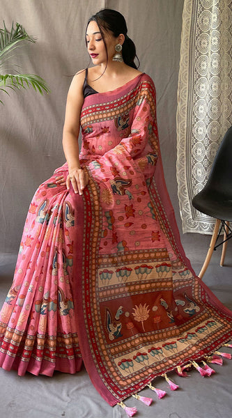 Pleasant Pink Kalamkari Printed Saree With Adoring Blouse Piece