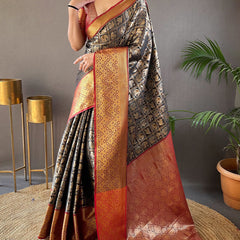 Skinny Black Kanjivaram Silk Saree With Dazzling Blouse Piece