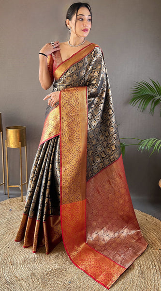 Skinny Black Kanjivaram Silk Saree With Dazzling Blouse Piece