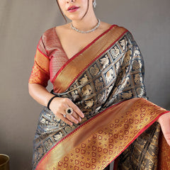 Skinny Black Kanjivaram Silk Saree With Dazzling Blouse Piece