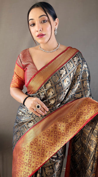 Skinny Black Kanjivaram Silk Saree With Dazzling Blouse Piece
