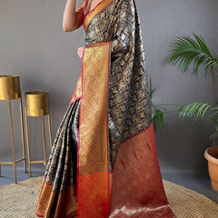 Skinny Black Kanjivaram Silk Saree With Dazzling Blouse Piece