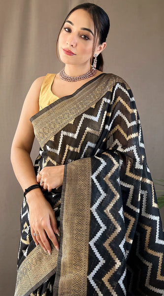 Angelic Black Cotton Silk Saree With Conflate Blouse Piece