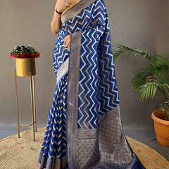 Fairytale Blue Cotton Silk Saree With Flamboyant Blouse Piece