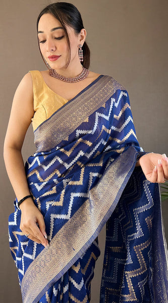 Fairytale Blue Cotton Silk Saree With Flamboyant Blouse Piece