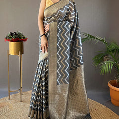 Flaunt Grey Cotton Silk Saree With Extraordinary Blouse Piece