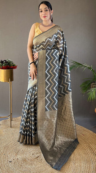 Flaunt Grey Cotton Silk Saree With Extraordinary Blouse Piece