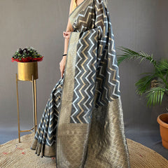 Flaunt Grey Cotton Silk Saree With Extraordinary Blouse Piece