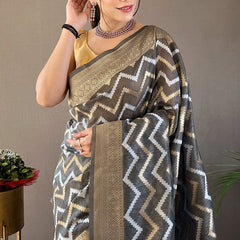 Flaunt Grey Cotton Silk Saree With Extraordinary Blouse Piece