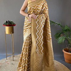 Beautiful Mustard Cotton Silk Saree With Intricate Blouse Piece