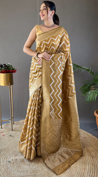 Beautiful Mustard Cotton Silk Saree With Intricate Blouse Piece