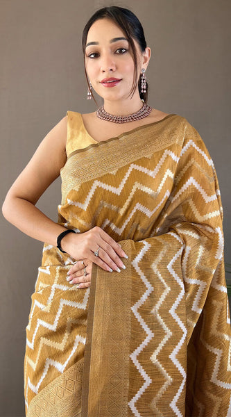 Beautiful Mustard Cotton Silk Saree With Intricate Blouse Piece