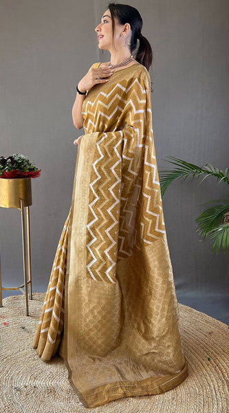 Beautiful Mustard Cotton Silk Saree With Intricate Blouse Piece