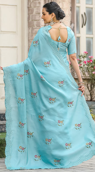 Nemesis Firozi Embroidery Work Tussar Silk Saree With Embrocation Blouse Piece