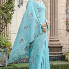 Nemesis Firozi Embroidery Work Tussar Silk Saree With Embrocation Blouse Piece