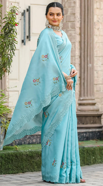 Nemesis Firozi Embroidery Work Tussar Silk Saree With Embrocation Blouse Piece