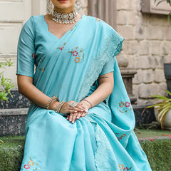 Nemesis Firozi Embroidery Work Tussar Silk Saree With Embrocation Blouse Piece