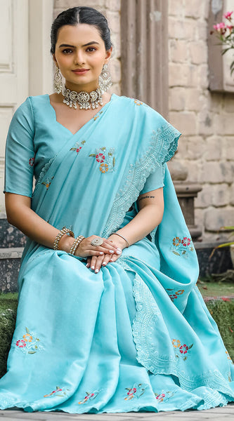 Nemesis Firozi Embroidery Work Tussar Silk Saree With Embrocation Blouse Piece
