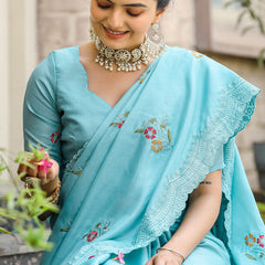 Nemesis Firozi Embroidery Work Tussar Silk Saree With Embrocation Blouse Piece
