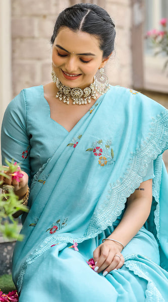 Nemesis Firozi Embroidery Work Tussar Silk Saree With Embrocation Blouse Piece