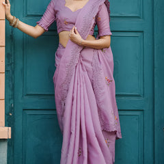 Classic Lavender Embroidery Work Tussar Silk Saree With Flameboyant Blouse Piece